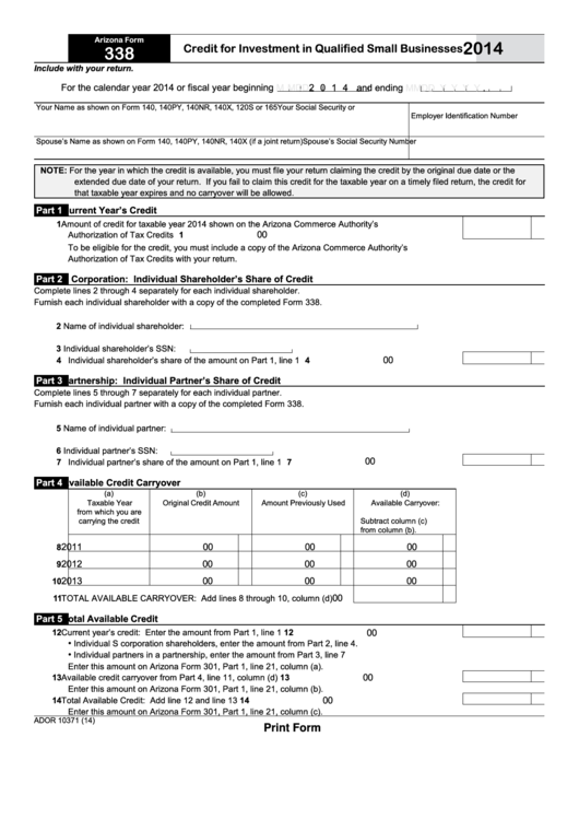 Fillable Form 338 - Arizona Credit For Investment In Qualified Small Businesses - 2014 Printable pdf