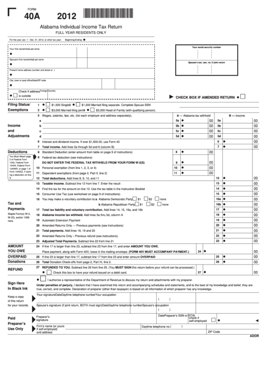 Form 40a - Alabama Individual Income Tax Return - 2012