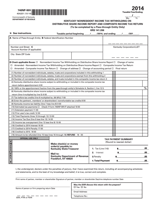 Form 740np-Wh - Kentucky Nonresident Income Tax Withholding On Distributive Share Income Report And Composite Income Tax Return Printable pdf