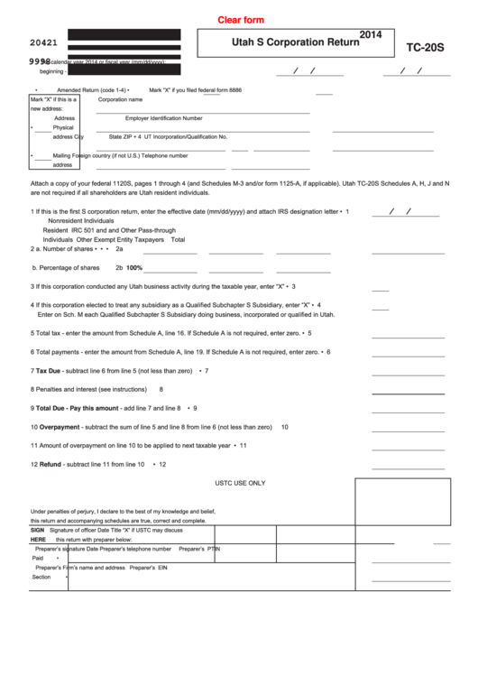 Fillable Form Tc-20s - Utah S Corporation Tax Return - 2014 Printable pdf