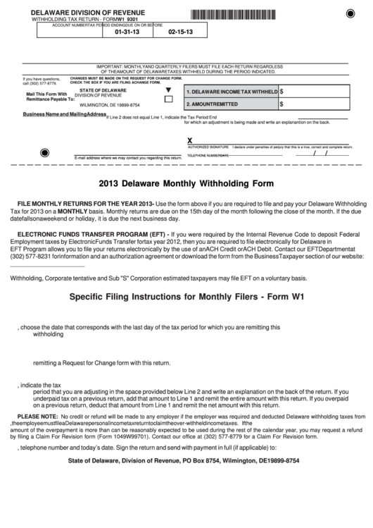 Fillable Form W1 9301 - Delaware Monthly Withholding Form - 2013 Printable pdf