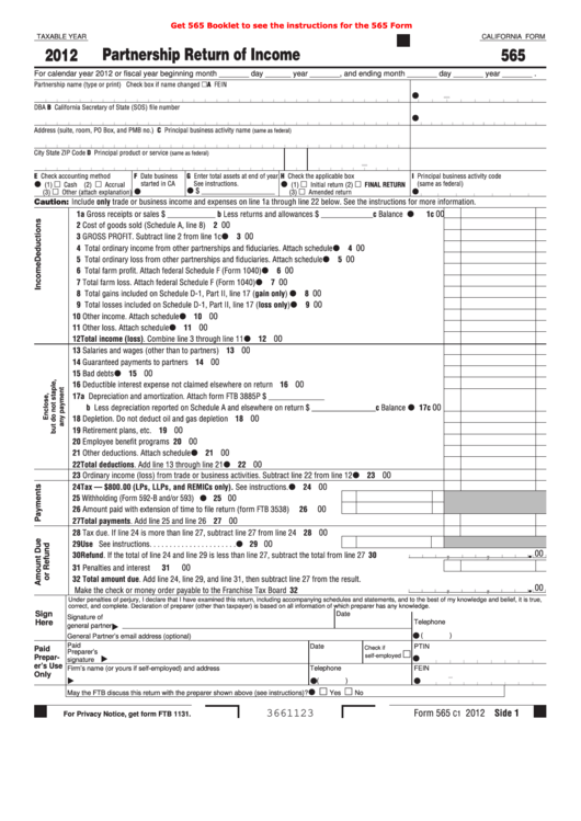 Fillable California Form 565 - Partnership Return Of Income - 2012 Printable pdf