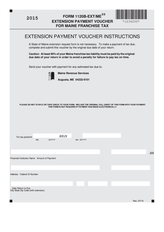 Form 1120b-Ext/me - Extension Payment Voucher For Maine Franchise Tax - 2015 Printable pdf