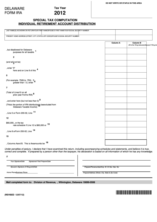 Fillable Delaware Form Ira - Special Tax Computation Individual Retirement Account Distribution - 2012 Printable pdf