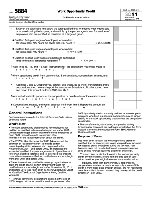 Fillable Form 5884 - Work Opportunity Credit - 2011 Printable pdf