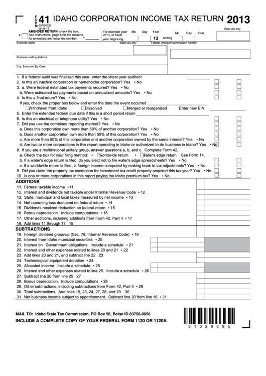 Fillable Form 41 - Idaho Corporation Income Tax Return - 2013 Printable pdf