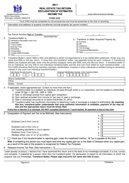 Fillable Form 5403 - Real Estate Tax Return Declaration Of Estimated Income Tax - 2011 Printable pdf