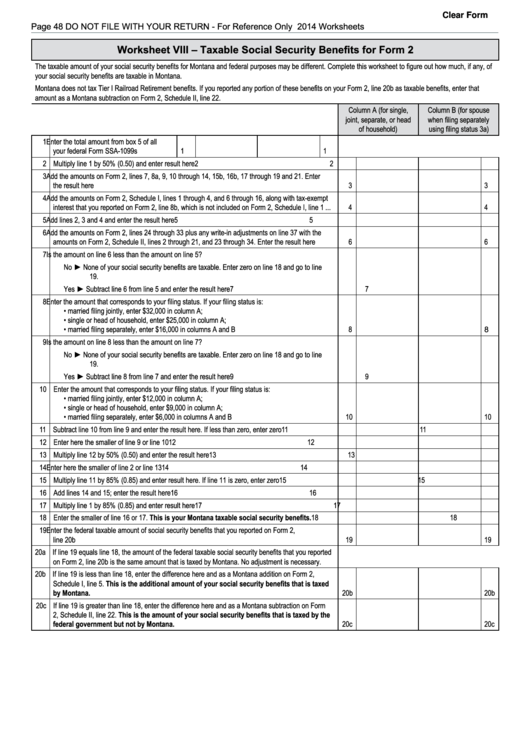 Fillable Worksheet Viii - Taxable Social Security Benefits For Form 2 - 2014 Printable pdf