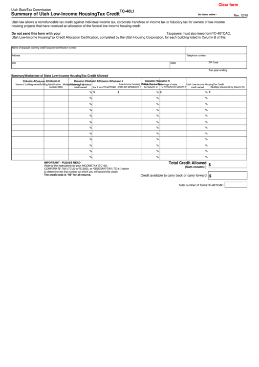 Fillable Form Tc-40li - Summary Of Utah Low-Income Housing Tax Credit Printable pdf