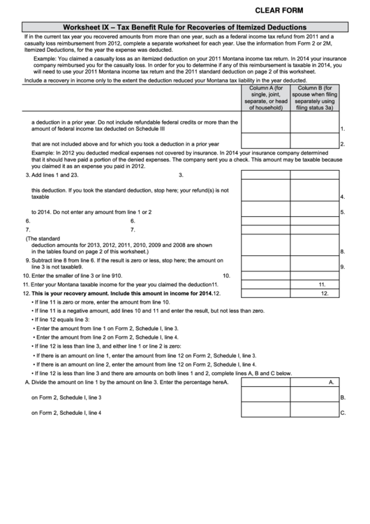 Fillable Worksheet Ix (Form 2) - Tax Benefit Rule For Recoveries Of Itemized Deductions - 2014 Printable pdf