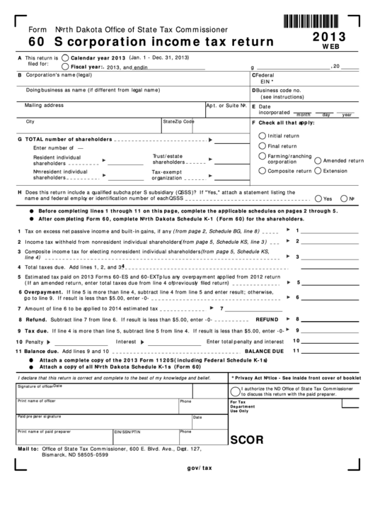 Fillable Form 60 - S Corporation Income Tax Return - 2013 Printable pdf