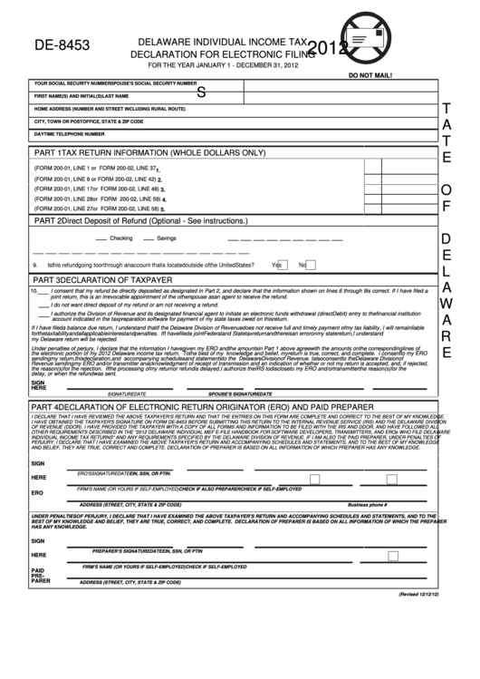 Fillable Form De-8453 - Delaware Individual Income Tax Declaration For Electronic Filing - 2012 Printable pdf