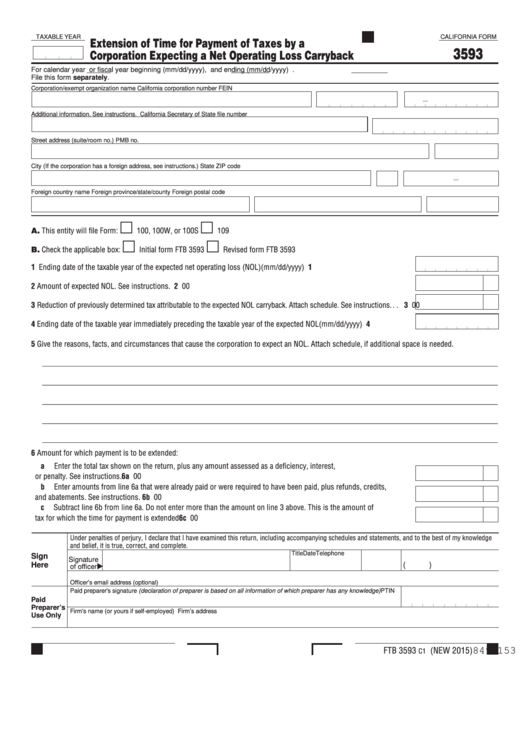 Fillable Form 3593 - California Extension Of Time For Payment Of Taxes By A Corporation Expecting A Net Operating Loss Carryback Printable pdf
