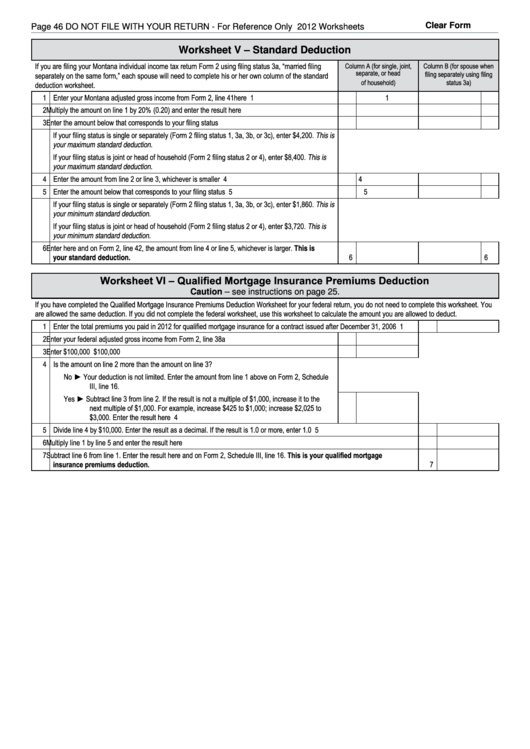 Fillable Worksheet V (Form 2) - Standard Deduction, Worksheet Vi - Qualified Mortgage Insurance Premiums Deduction - 2014 Printable pdf