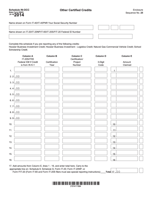 Fillable State Form 55629 - Schedule In-Occ - Other Certified Credits - 2014 Printable pdf