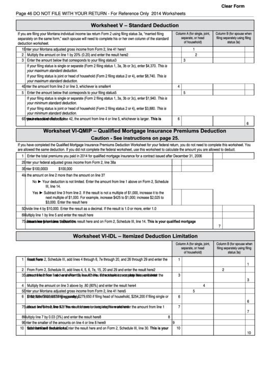 Fillable Worksheet V (Form 2) - Standard Deduction, Worksheet Vi-Qmip - Qualified Mortgage Insurance Premiums Deduction, Worksheet Vi-Idl - Itemized Deduction Limitation - 2014 Printable pdf