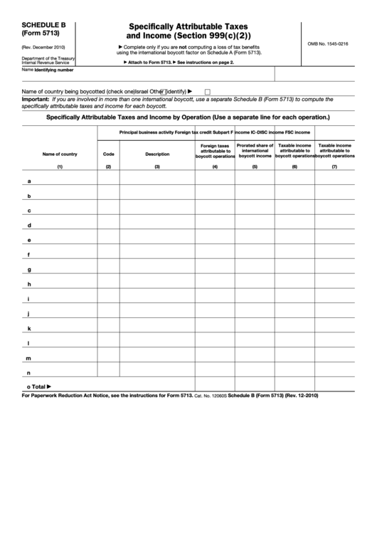 Fillable Form 5713 - Schedule B - Specifically Attributable Taxes And Income (Section 999(C)(2)) Printable pdf