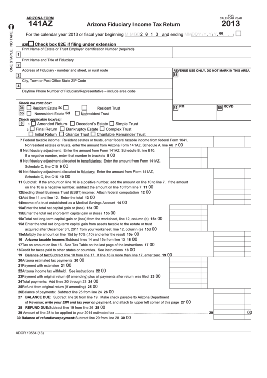 Fillable Arizona Form 141az - Arizona Fiduciary Income Tax Return - 2013 Printable pdf