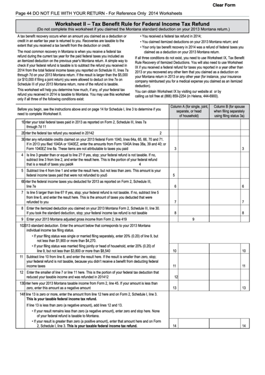 Fillable Worksheet Ii (Form 2) - Tax Benefit Rule For Federal Income Tax Refund - 2014 Printable pdf