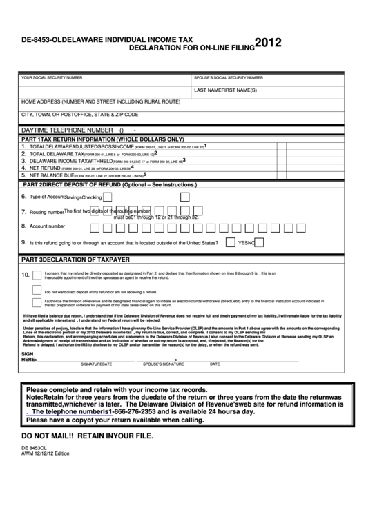 Fillable Form De-8453-Ol - Delaware Individual Income Tax Declaration For On-Line Filing - 2012 Printable pdf