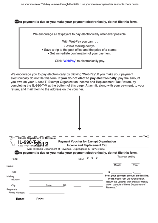 Fillable Form Il-990-T-V - Payment Voucher For Exempt Organization Income And Replacement Tax - 2012 Printable pdf
