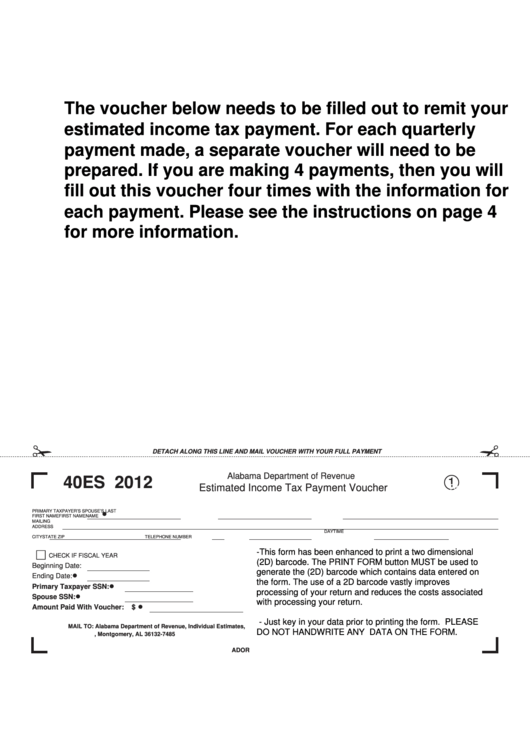 Fillable Form 40es - Estimated Income Tax Payment Voucher - 2012 Printable pdf