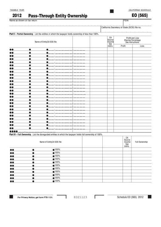 Fillable California Schedule Eo (565) - Pass-Through Entity Ownership - 2012 Printable pdf