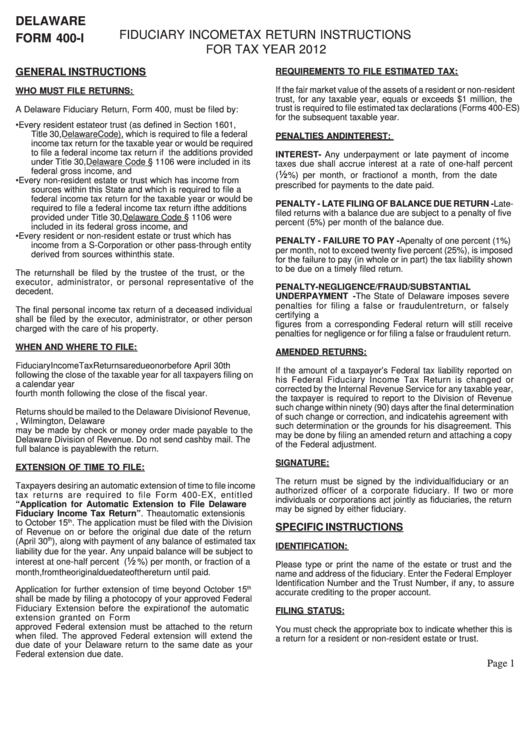 Instructions For Delaware Form 400-I - 2012 Printable pdf