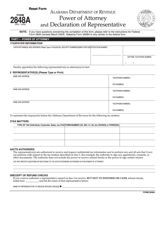 Fillable Form 2848a - Power Of Attorney And Declaration Of Representative Printable pdf