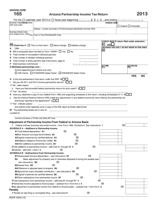 Fillable Arizona Form 165 - Arizona Partnership Income Tax Return - 2013 Printable pdf
