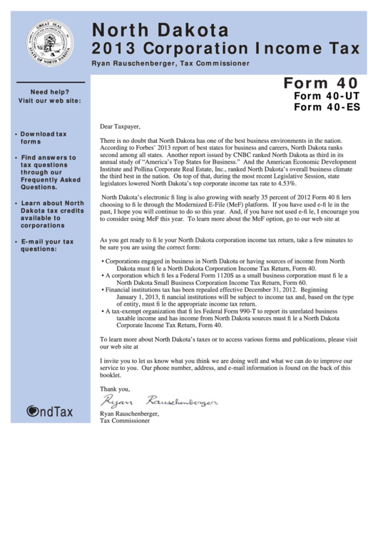 North Dakota Corporation Tax Booklet 2013 printable pdf download