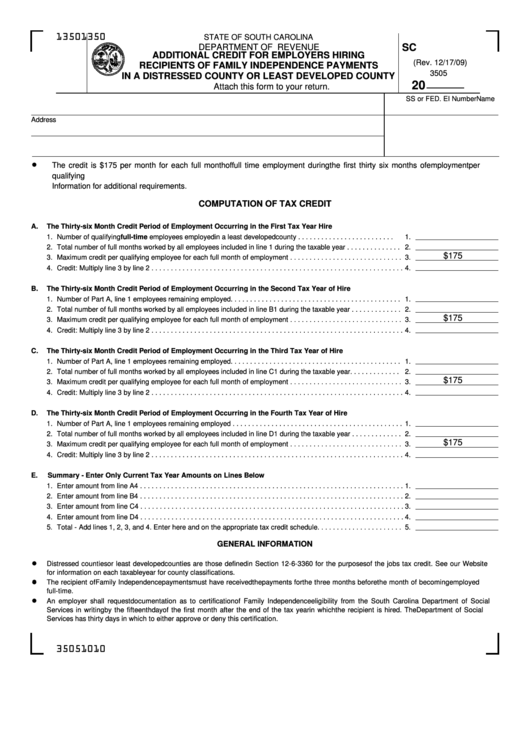 Form Sc Sch.tc-12-A - South Carolina Additional Credit For Employers Hiring Recipients Of Family Independence Payments In A Distressed County Or Least Developed County Printable pdf