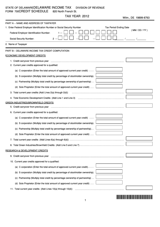 Fillable Form 700 - Delaware Income Tax Credit Schedule - 2012 Printable pdf