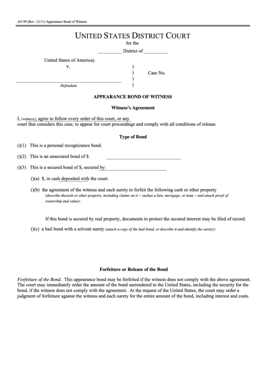 Fillable Form Ao 99 - Appearance Bond Of Witness - United States District Court Printable pdf