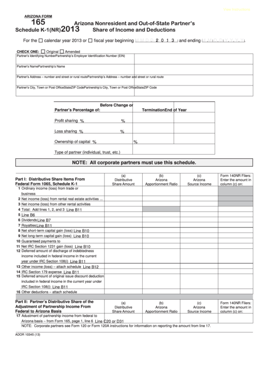 Fillable Arizona Form 165 - Schedule K-1(Nr) - Arizona Nonresident And Out-Of-State Partner