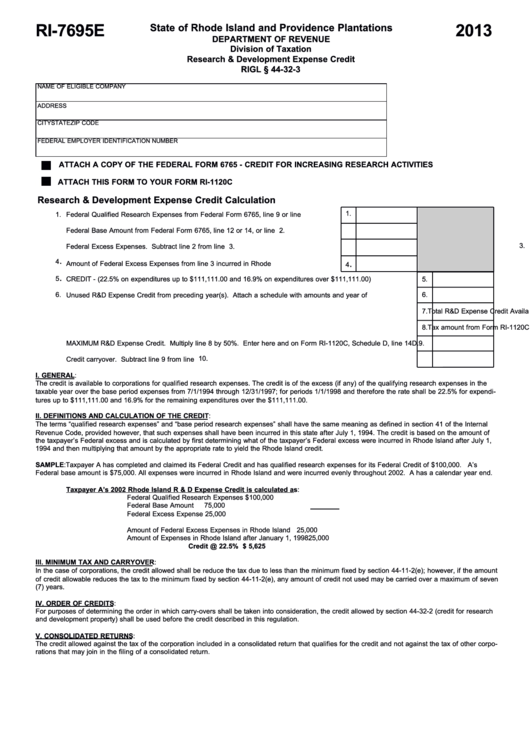 Fillable Form Ri-7695e - State Of Rhode Island And Providence Plantations Research And Development Expense Credit - 2013 Printable pdf