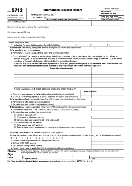 Fillable Form 5713 - International Boycott Report Printable pdf