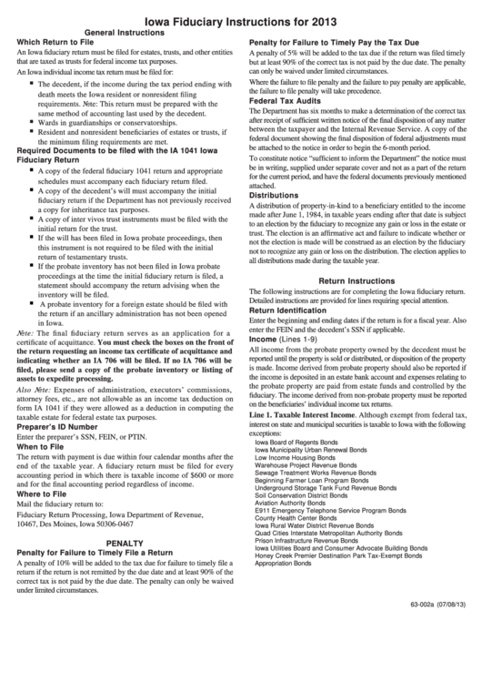 Instructions For Form Ia 1041 - Iowa Fiduciary Return - 2013 Printable pdf