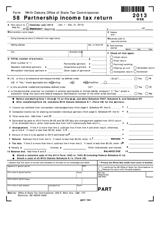 Fillable Form 58 - Partnership Income Tax Return - 2013 Printable pdf