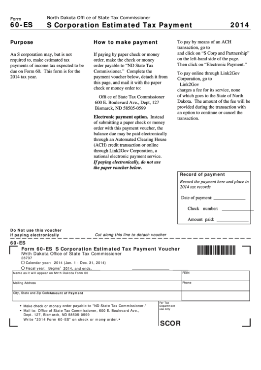 Fillable Form 60-Es - S Corporation Estimated Tax Payment Voucher - 2014 Printable pdf