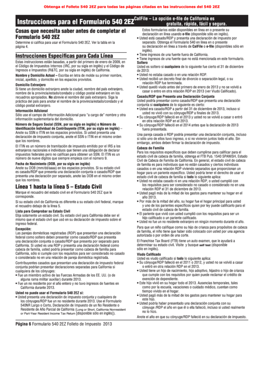 Instrucciones Para El Formulario 540 2ez - Declaracion De Impuesto Sobre El Ingreso De Residente De California - 2013 Printable pdf