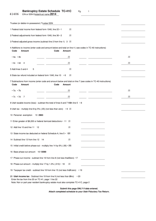 Fillable Form Tc-41c - Bankruptcy Estate Schedule - 2014 Printable pdf
