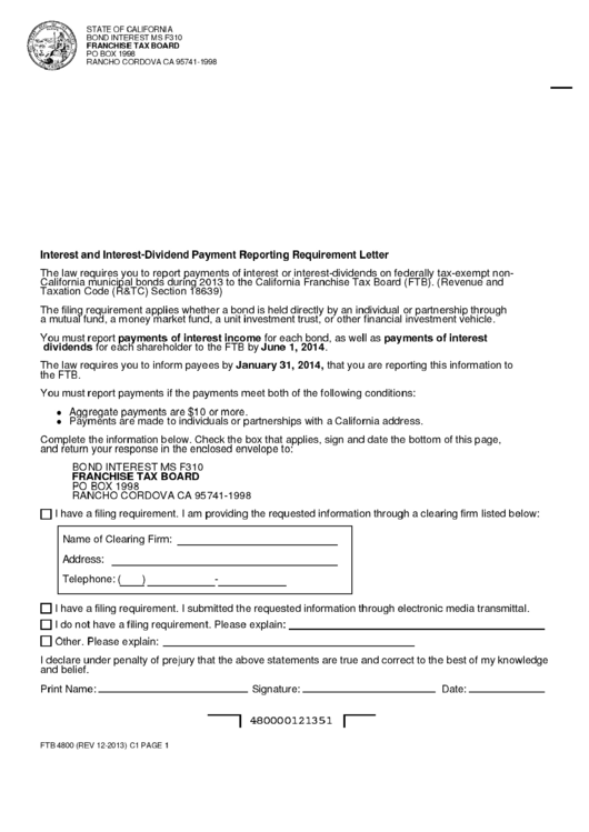 Form Ftb 4800 - Interest And Interest-Dividend Payment Reporting Requirement Letter Printable pdf