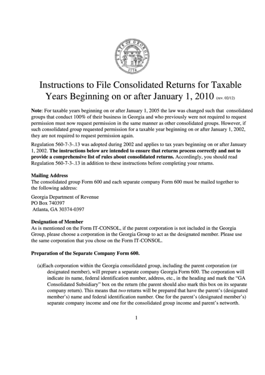 Form 600 - Instructions To File Consolidated Returns For Taxable Years Beginning On Or After January 1, 2010 Printable pdf