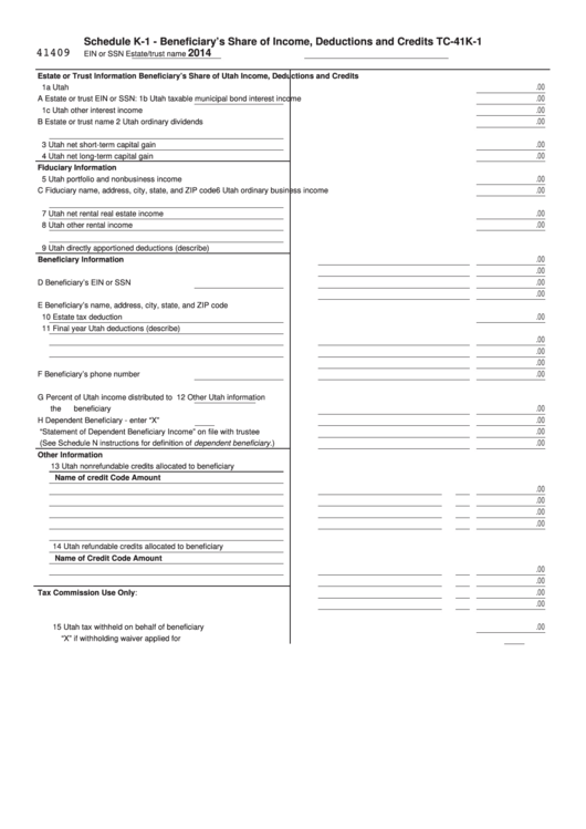 Fillable Form Tc-41k-1 - Schedule K-1 - Beneficiary