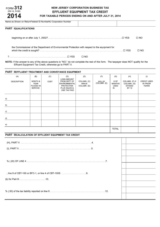 Fillable Form 312 - Effluent Equipment Tax Credit - New Jersey Corporation Business Tax - 2014 Printable pdf