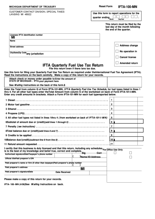 Fillable Form Ifta-100-Mn - Ifta Quarterly Fuel Use Tax Return Printable pdf
