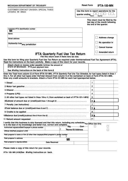 Fillable Form Ifta 100 Mn Ifta Quarterly Fuel Use Tax Return 