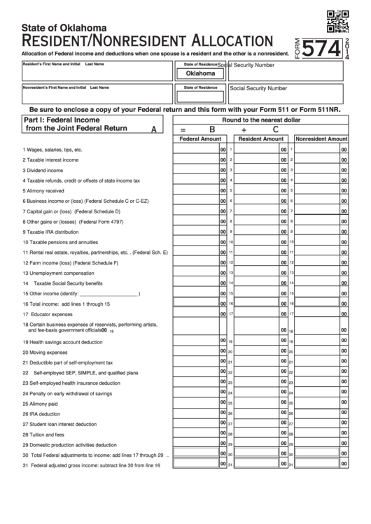 Fillable Form 574 - Resident/nonresident Allocation - State Of Oklahoma - 2014 Printable pdf