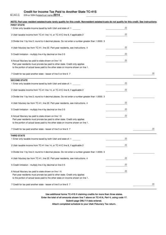 Fillable Form Tc-41s - Credit For Income Tax Paid To Another State - 2014 Printable pdf
